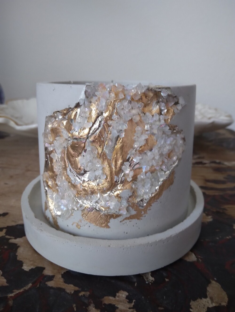 Handmade Light Gray Concrete Planter Pot with Gold Leaf and Crystal Accent